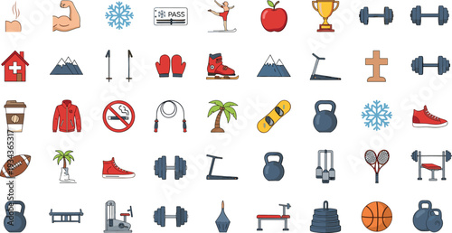 Fitness and Outdoor Activity Icon Set with Dumbbells Kettlebells Sneakers Trophy Mountain and Sports Equipment Flat Vector Collection.