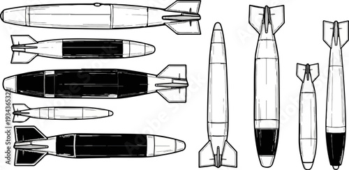 A collection of diverse bomb illustrations, showcasing various sizes and fin configurations