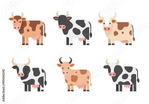 A charming collection of six distinct cartoon cows, each presented in a unique color pattern and style, showcasing a variety of delightful farm animals for your creative projects