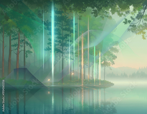 Enchanted Lake: A mystical scene unfolds where ethereal light beams dance across the lake, painting the lush forest with vibrant colors, evoking a sense of wonder and tranquility.