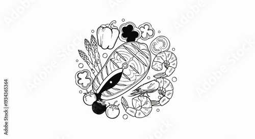 A circular arrangement of seafood and vegetables in a sketch style