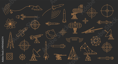 Collection of futuristic rocket and satellite icons representing space exploration and advanced technology