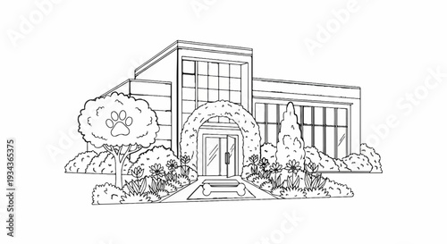 A charming, stylized building with an arched entrance and a paw-print tree