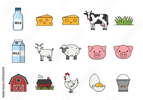 Farm and Dairy Products Icons Collection Milk, Cheese, Eggs, Livestock, and Barns
