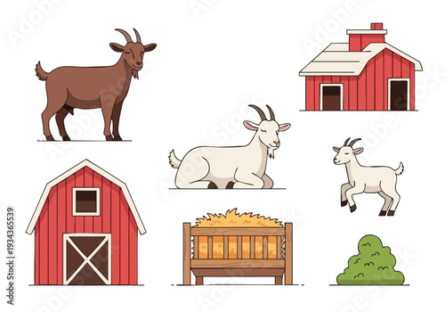 Farm animals and buildings including goats, barns, and a hay feeder, illustrating a rural setting