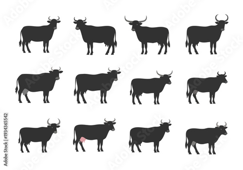 Collection of Silhouettes of Cows in Various Poses and Expressions, Perfect for Livestock and Agricultural Designs
