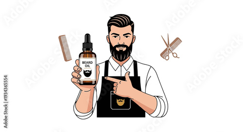 Barber Holding Beard Oil Bottle with Comb and Scissors Icons