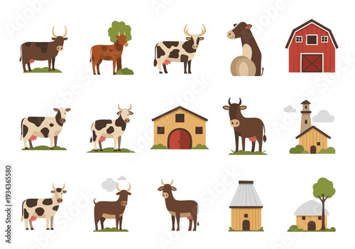 Collection of farm animals, barns, and silos in a charming cartoon illustration style, perfect for agricultural themes and rural depictions