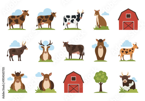 Collection of farm animals and barn illustrations on a white background, featuring cows, deer, and trees, perfect for agricultural themes