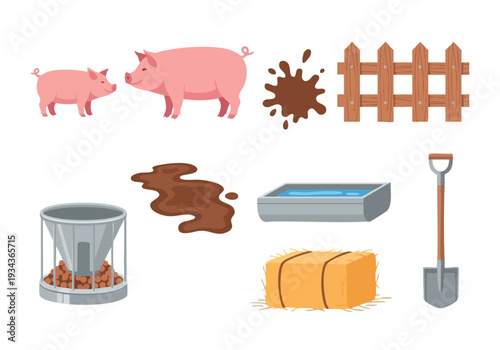 Collection of Farm Elements featuring Pigs, Hay Bales, Mud Puddles, and Farming Tools for Rural Life and Agriculture