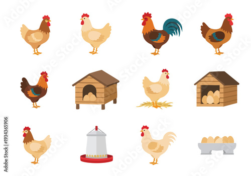 Collection of cartoon chickens, roosters, and chicken coops with eggs and feeders, illustrating farm life and poultry farming