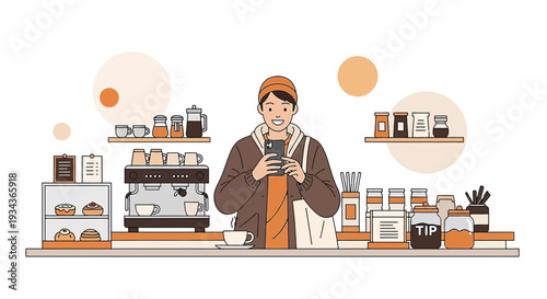 Barista taking photo of coffee shop counter with espresso machine and pastries