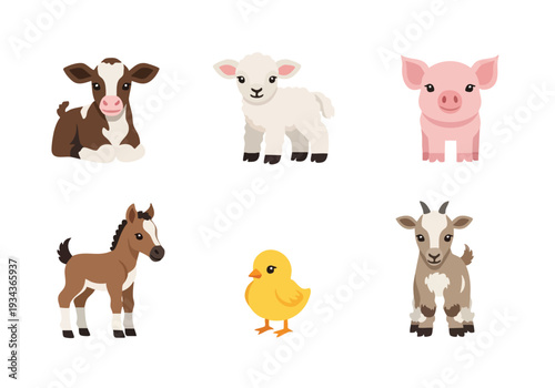 Collection of Six Adorable Farm Animals Including a Calf, Lamb, Piglet, Foal, Chick, and Goat