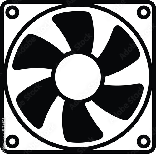 Black and white cooling fan icon with five blades inside square frame, electronic hardware design, thermal management, computer component symbol