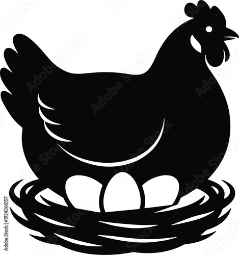Black and white silhouette of hen sitting on straw nest with three eggs, farm life, poultry farming, nurturing symbol