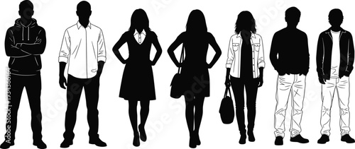 Diverse Casual People Silhouettes Standing Isolated on White Background, Men and Women in Urban Outfits, Modern Lifestyle Concept