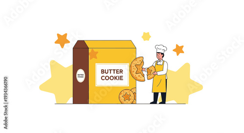 Baker with Butter Cookies Box, Sweet Treats, Bakery Concept Illustration