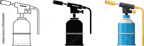Collection of gas torch vector illustrations showcasing flat design line art and silhouette styles ideal for industrial tools DIY projects and workshop equipment