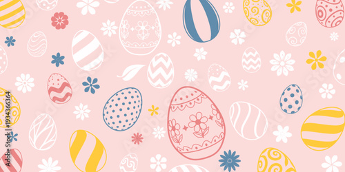 Easter background with colorful eggs and flowers on soft pink, featuring white, yellow, blue, and red hues.