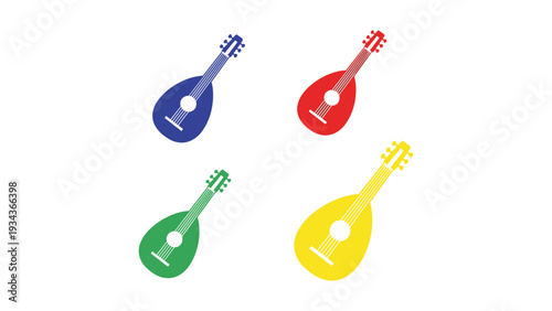 Four colorful musical instruments resembling small balalaikas in different hues.