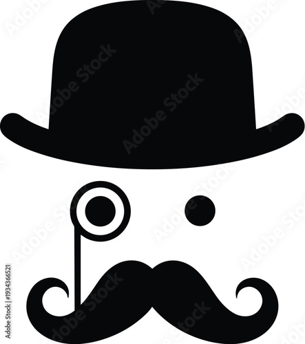 Minimalist black and white gentleman face icon with bowler hat, monocle, curled mustache, vintage aristocrat character design