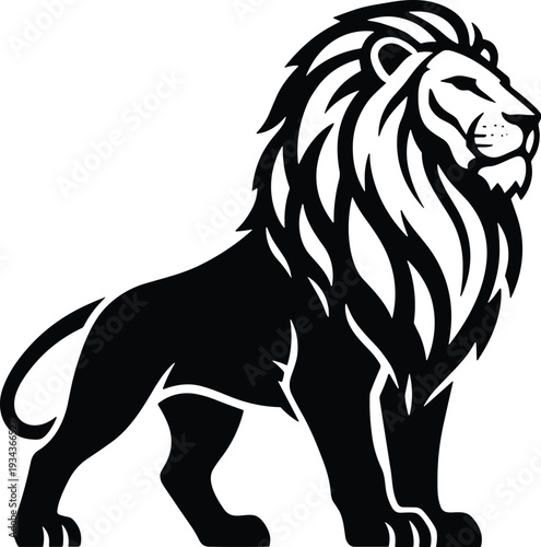 Stylized black and white lion illustration, proud stance, flowing mane, regal presence, strength, courage, leadership, symmetrical artistic design