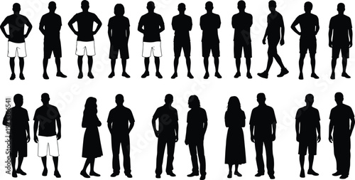 Large group of standing people silhouettes, men and women in casual outfits black full body figures collection isolated on white background