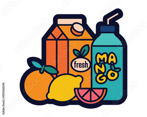 Vibrant collection of fruit drinks including a juice carton and bottle with fresh fruit elements