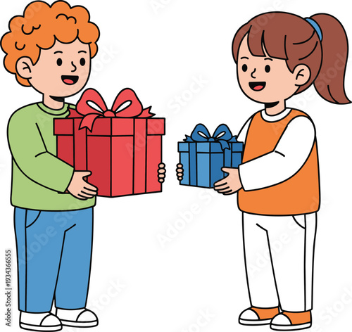 Two children exchanging gifts with colorful presents kids girl