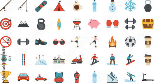 Winter Sports and Outdoor Adventure Icon Set with Snowboarding Skiing Camping Dumbbells Trophy and Travel Elements Flat Vector Collection.