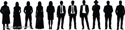 Large Group of Business People Silhouettes Standing in Formal and Casual Attire Isolated on White Background, Corporate Workforce Concept Illustration