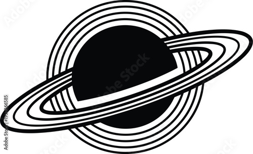 Stylized black and white Saturn planet illustration with concentric elliptical rings, abstract astronomy design, space exploration, cosmic science symbol