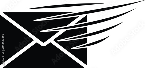 Stylized black envelope icon with sharp motion lines, fast mail delivery symbol, express communication graphic, speedy email messaging design