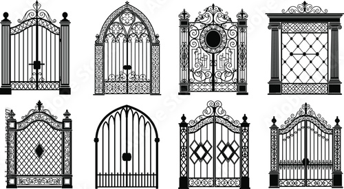 Decorative Wrought Iron Gates Collection with Vintage Ornamental Metal Fence Designs Vector Silhouette Illustration