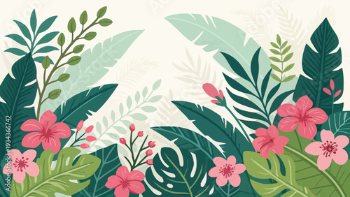 Vibrant tropical leaves and pink hibiscus flowers in lush arrangement