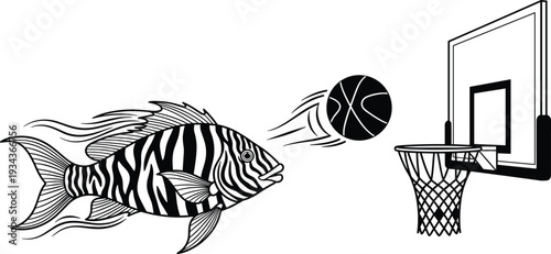 Zebra fish throwing basketball into hoop black and white cartoon