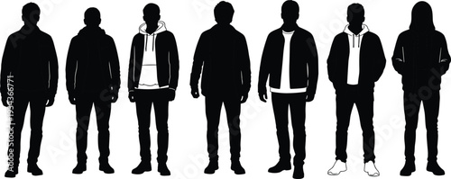 Men Casual Fashion Silhouettes in Hoodies, Jackets and Streetwear Outfits Isolated on White Background for Character and Apparel Design