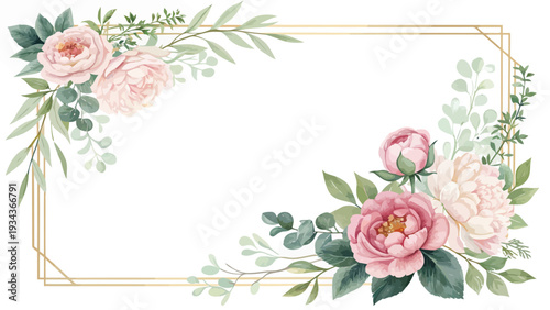 Elegant floral frame with pink peonies and greenery