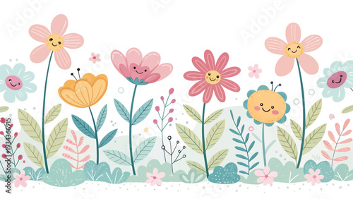 Whimsical smiling flowers in vibrant garden scene with leaves