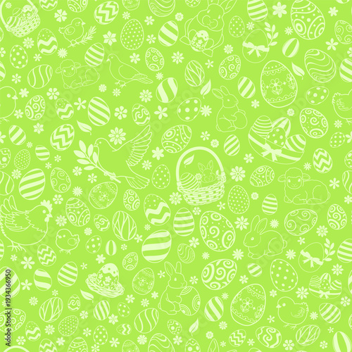 Easter seamless pattern with white easter eggs, bunnies, chicks, lambs, flowers on green background.