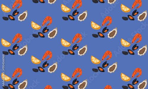 Seafood pattern with mussels, oysters, shrimp and lemon for marine cuisine restaurant branding and marketing materials