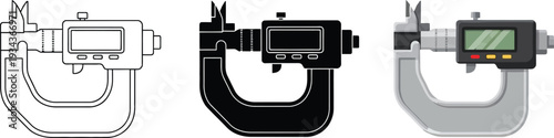 A set of digital micrometer illustrations including outline solid and colored vector designs perfect for precision measurement and engineering concepts