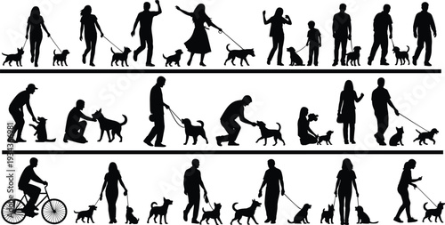 People Walking and Training Dogs Silhouettes Collection with Pet Owners Playing, Cycling and Caring for Pets Isolated on White Background