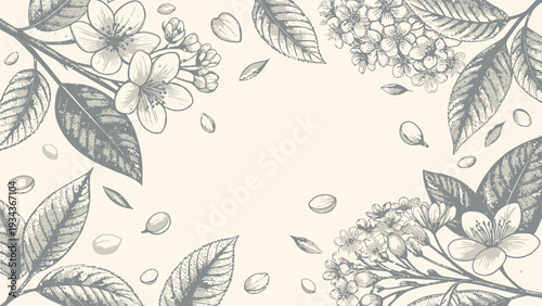 Elegant floral border with blooming flowers and leaves