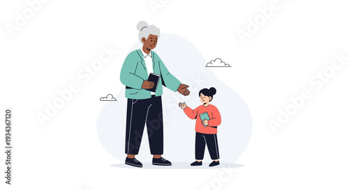 Diverse Senior Teacher Welcoming Young Student with Books. Education, Mentorship & Learning Concept. Flat Vector Illustration.