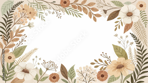 Beautiful floral border with white and brown flowers and leaves