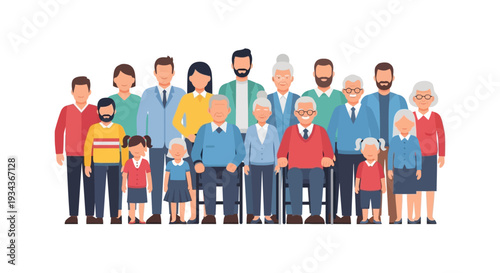 Diverse Multi-Generational Group Vector Illustration: Children, Adults & Seniors, Including Elderly in Wheelchairs. Inclusive Family Community.