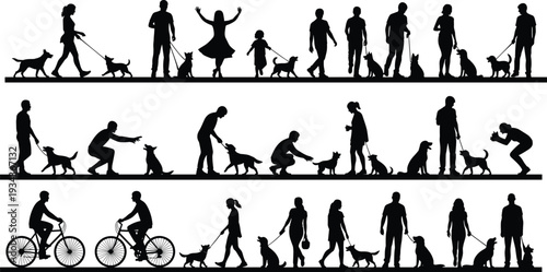People Walking Dogs Silhouettes Collection with Pet Owners Training, Playing and Cycling with Dogs Isolated on White Background for Lifestyle Design