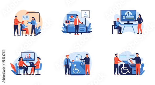 Accessibility and Inclusive Services Illustration Set. People with Disabilities Receiving Support and Care in Various Settings. Equal Opportunities.