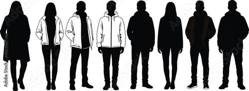 People wearing jackets and hoodies silhouettes collection, men and women in winter casual outfits black full body figures isolated on white